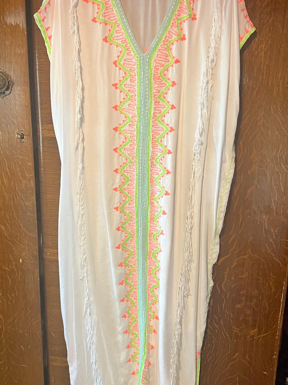 Flowy White Maxi Dress with Neon Pink & Green Trim